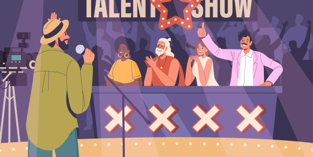 充满活力的才艺表演场景，在一群兴奋的评委面前，表演者在舞台上唱歌图片下载