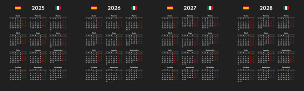 简单2025 2026 2027 2028西班牙日历网格，星期一第一，两个周末，黑色背景图片下载