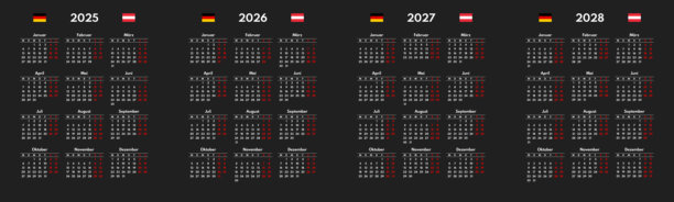 简单2025 2026 2027 2028德国日历网格，星期一第一，两个周末，黑色背景图片下载
