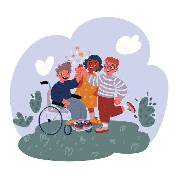 轮椅上的小男孩和他的朋友互相击掌的矢量插图图片下载