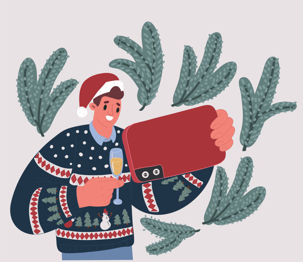 男子用智能手机庆祝圣诞节和新年的矢量插画图片下载