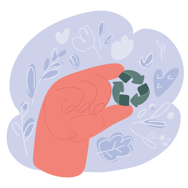 矢量插图的手持废物，垃圾回收标志作出。分类、回收废物的理念。水平。图片下载