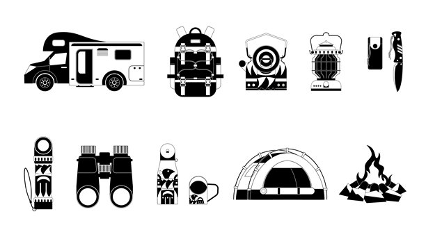 收集插图元素的营火，背包，露营车，帐篷，和其他露营装备，单色风格图片下载