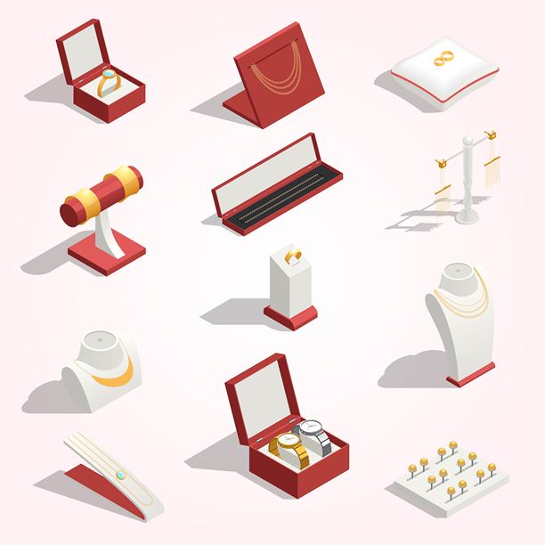 珠宝店等距流程图与耳环，戒指，吊坠，项链，手表装饰图标图片下载