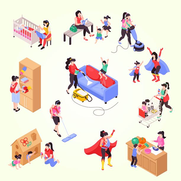 超级妈妈真空清洁工作与婴儿购物与幼儿玩耍做饭与孩子等距集矢量插图图片下载