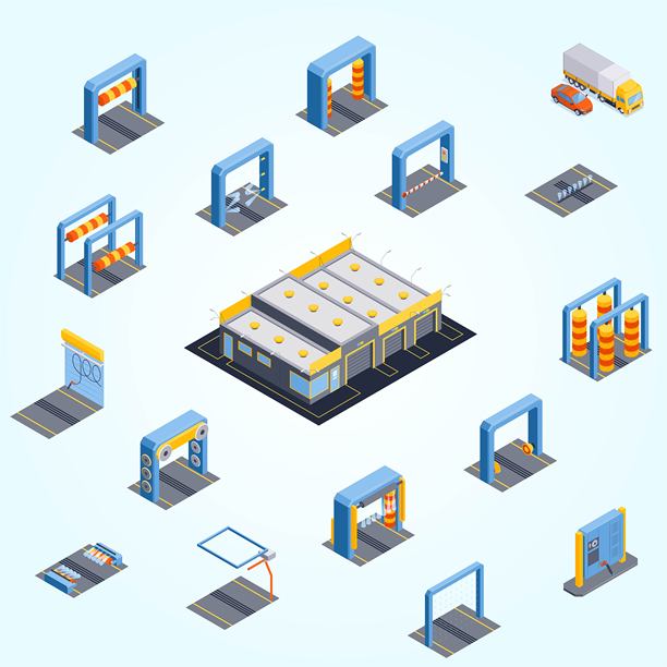 等距自动洗车集与孤立的图标的平台和框架与移动的画笔滚动矢量插图图片下载