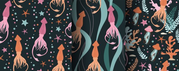 一套无缝图案与可爱的鱿鱼，海星和海藻。海底世界，海洋居民。适用于织物、墙纸、包装纸、剪贴簿等图片下载