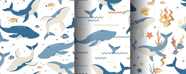 一套无缝图案与可爱的鲸鱼和海藻。矢量海洋儿童打印与海洋生物的纺织品，剪贴簿，壁纸等。图片下载