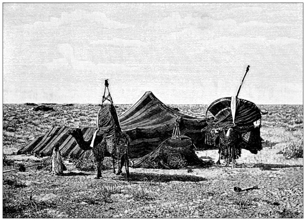 撒哈拉沙漠帐篷的古董插画图片下载