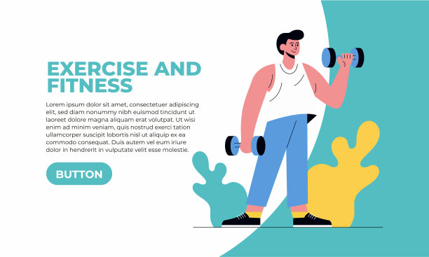 运动和健身-一个人举哑铃在一个动态和有趣的设计插图。描述身体健康、运动和力量训练的概念。非常适合与健康、健康和积极的生活方式相关的话题图片下载