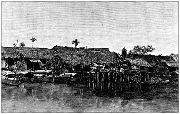 古董插图:湄公河上的房子图片下载