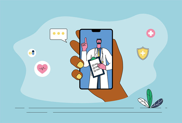 患者使用手机与男医生进行远程医疗。图片下载
