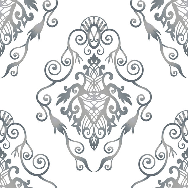 锦缎风格，白色和灰色，漩涡装饰。图片下载