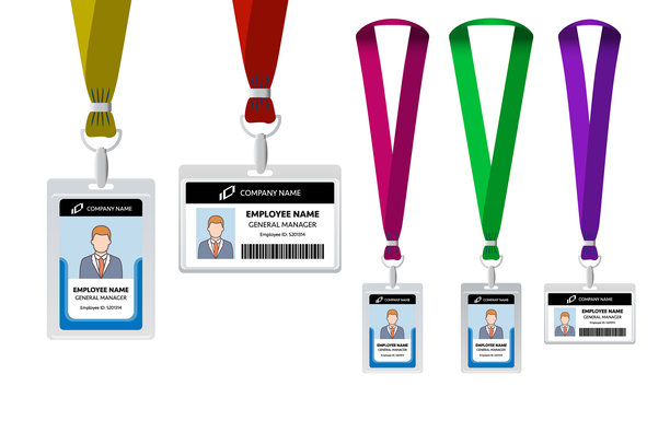 丝带挂绳和简单的商业身份证设计模板:可定制的名牌挂绳与品牌空间-矢量插图图片下载