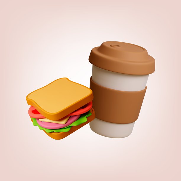 带走咖啡和三明治。3d食物图标，美味的汉堡与奶酪香肠和蔬菜。热饮在去马克杯，现实向量元素图片下载