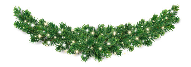 透明背景上的圣诞树花环。逼真的松树树枝，闪闪发光的圣诞灯装饰。矢量边界为假日横幅，聚会海报，卡片，标题。图片下载