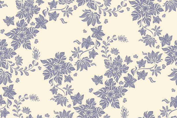 挂毯花卉图案复古民族现代刺绣纹理波西米亚设计矢量插图手绘廓形靛蓝花图案枝叶壁纸无缝背景边界。图片下载