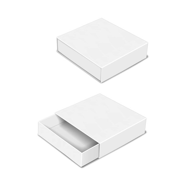白色方形纸板滑出抽屉盒。关闭并微微打开。3 d模型。纸箱滑块箱隔离。现实的模型。纸滑套盖容器包装。向量模板图片下载