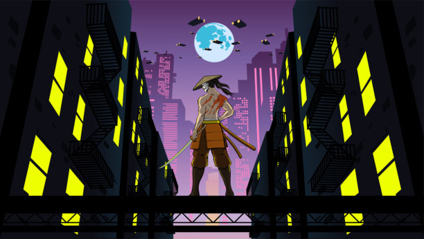 矢量赛博朋克武士在一个未来的城市设置肖像股票插图后视图图片下载