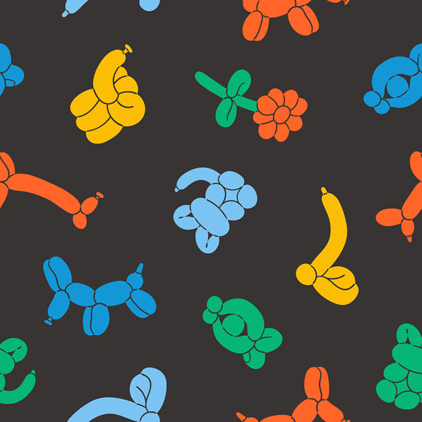 气球动物无缝纹理。娱乐设备。大象，狗，猫，长颈鹿，蛇矢量插图。孩子生日派对的玩具。图片下载