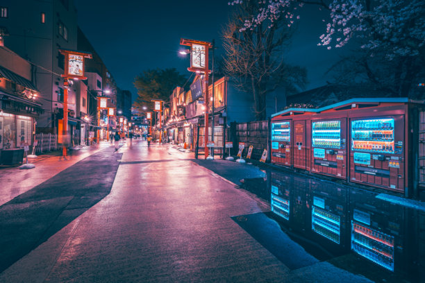 日本东京浅草浅草浅草寺夜间的购物和美食街图片下载