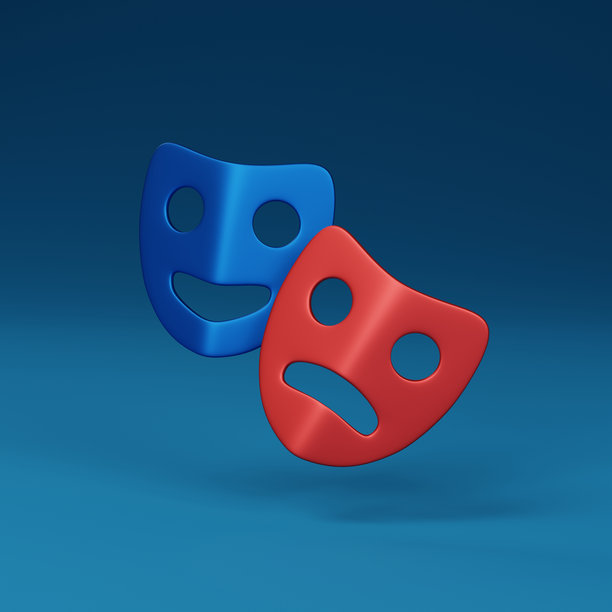 戏剧二人组，3D剧院面具图标的艺术表演。3D渲染图片下载