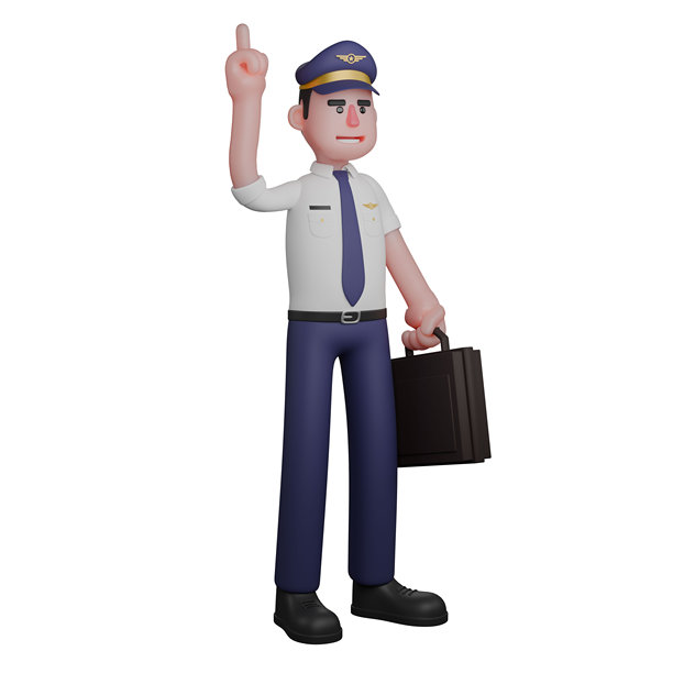 航空专业男性。飞行员左手提着黑色的袋子，右手向上举着站着。3D飞行员卡通图片下载