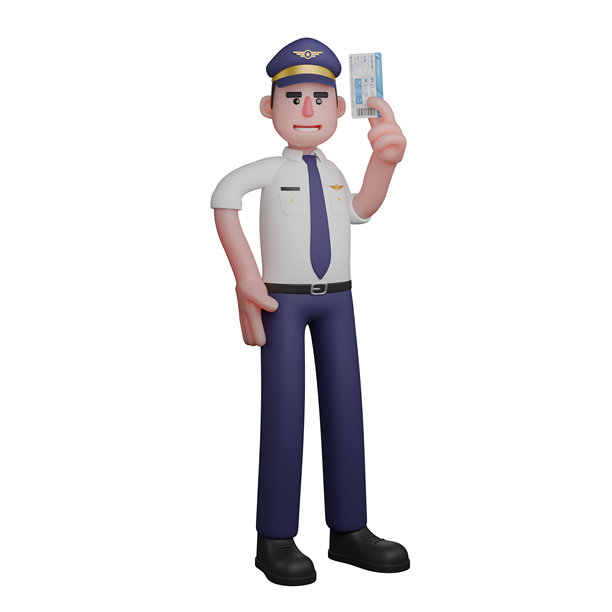 3D航空从业者。图为，飞行员左手拿着机票，右手放在腰上。男性飞行员图片下载