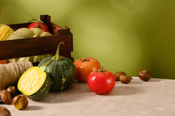 绿色背景的秋季蔬菜概念照片是从近距离拍摄的，在浅灰色的桌子上展示了大量新鲜的蔬菜。用于广告和添加文本的空白空间图片下载