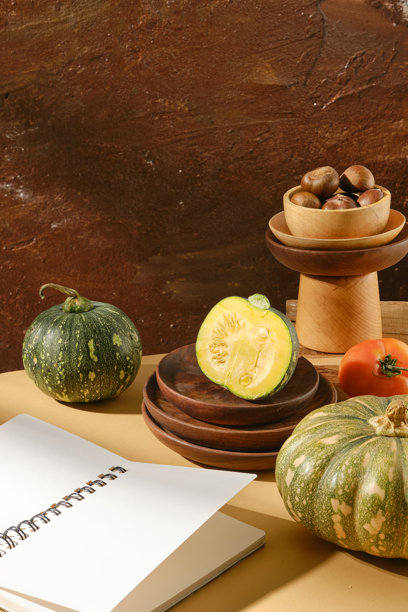 在米黄色的厨房台面上，从高角度拍摄的乡村风格的照片，里面有一个烹饪收据的笔记本和一些新鲜的秋季蔬菜在木制餐具上图片下载