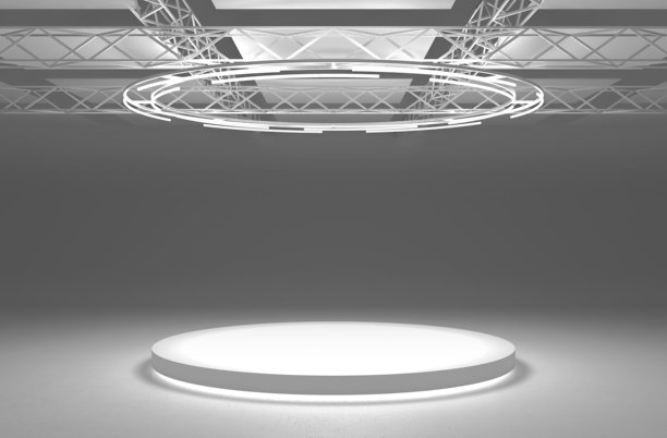 明亮的内部有一个圆形的讲台和弯曲的灯。三维演示图片下载