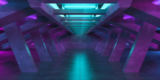 抽象建筑未来城市隧道走廊背景。空的黑暗车库工厂舞台室。大型大厅机库建筑内部背景场景。3d渲染。图片下载