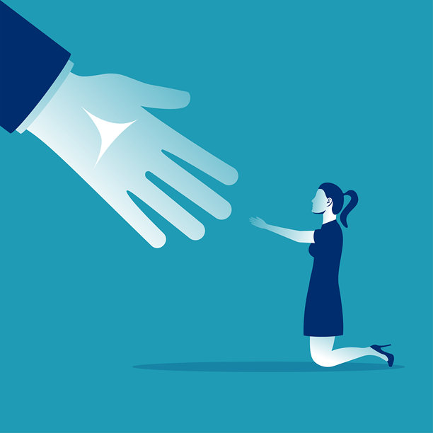 商业帮助理念。商人向雇员伸出援助之手。图片下载