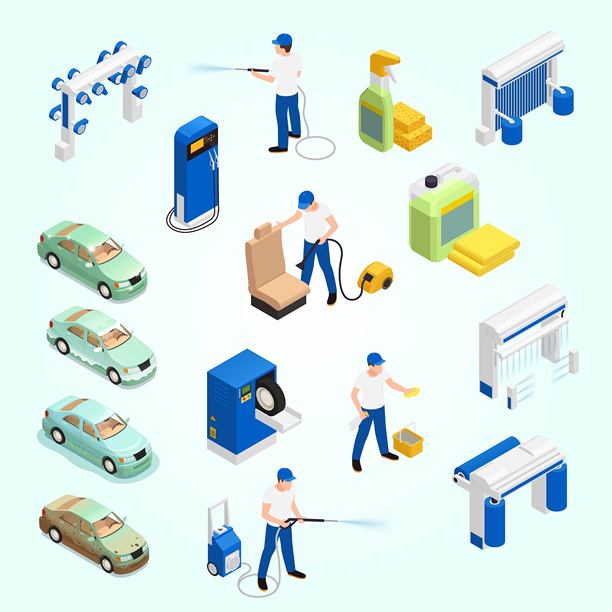 洗车图标集与自动洗车符号等距隔离图片下载