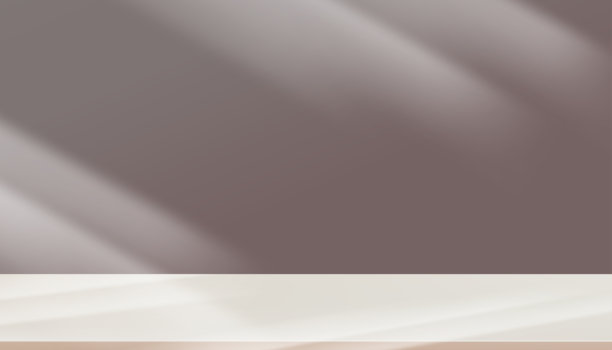 紫色背景墙与阴影，光。工作室房间和化妆品的3d讲台，白色的灯在空荡荡的室内厨房。背景旗帜奶油色与模糊的阳光纹理在地板上图片下载