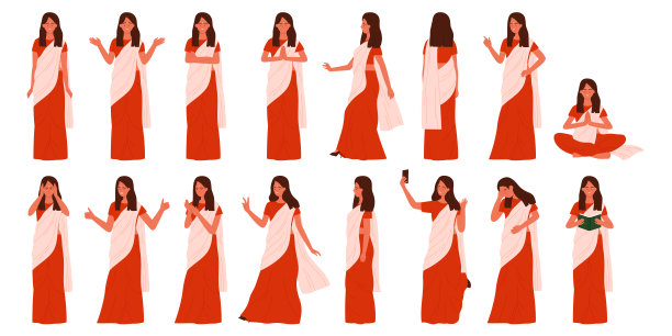 印度美女穿着传统纱丽，摆出不同的姿势和手势图片下载