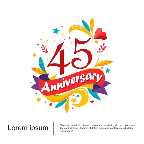 45周年庆典会徽标志与树叶、丝带和星星在白色背景上分离，色彩鲜艳，令人愉快。矢量插图模板设计的网页，传单，海报，问候图片下载