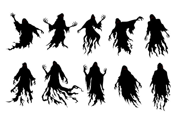 飞行的幽灵穿着黑色斗篷在矢量风格集合的剪影。图片下载