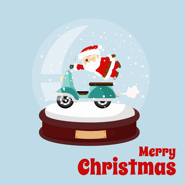 圣诞玻璃雪球，里面是圣诞老人骑着复古摩托车的卡通形象，圣诞新年节日概念矢量插画图片下载