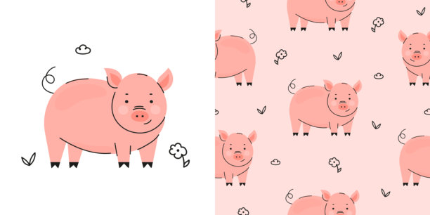 可爱的猪与花无缝图案背景。儿童图案设计。可爱的农场动物插画图片下载