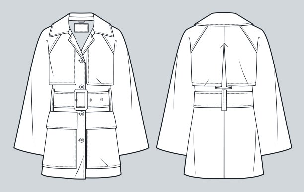 风衣技术时尚插画。束腰大衣时尚平面技术图纸模板，钮扣，口袋，挎带袖，轻松合身，前后视图，白色，女，男，男女通用的CAD模型。图片下载