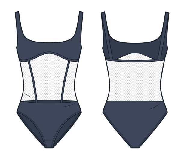 紧身衣技术时尚插画。泳装时尚平面技术图纸模板，方领，网眼，修身，前后视图，蓝色，女装CAD模型。图片下载