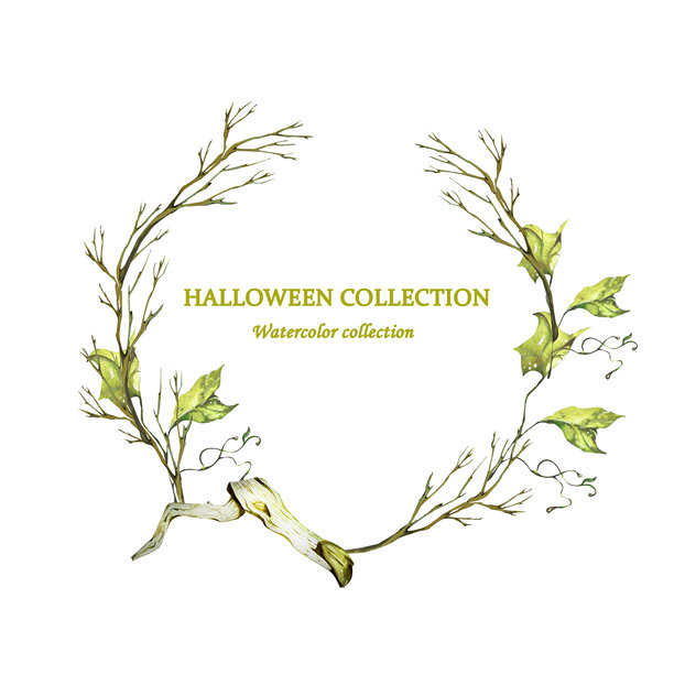 万圣节系列花环树枝树叶水彩插画图片下载
