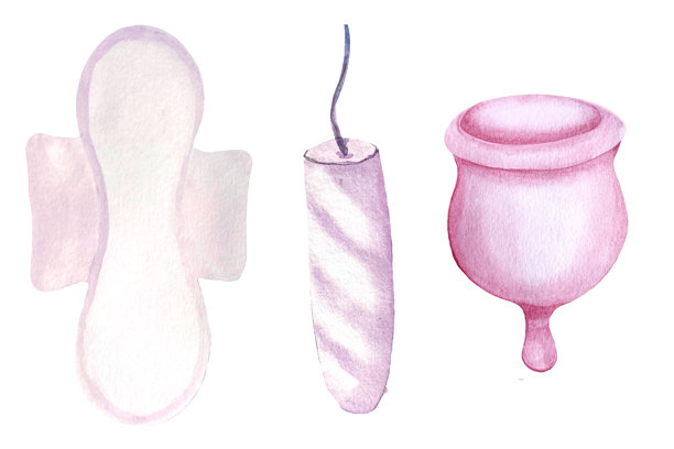 一个月经垫，月经杯，卫生棉条水彩集隔离在白色。完美的全面月经护理设计，广告，包装，博客关于可持续的生活方式和现代女性的选择图片下载
