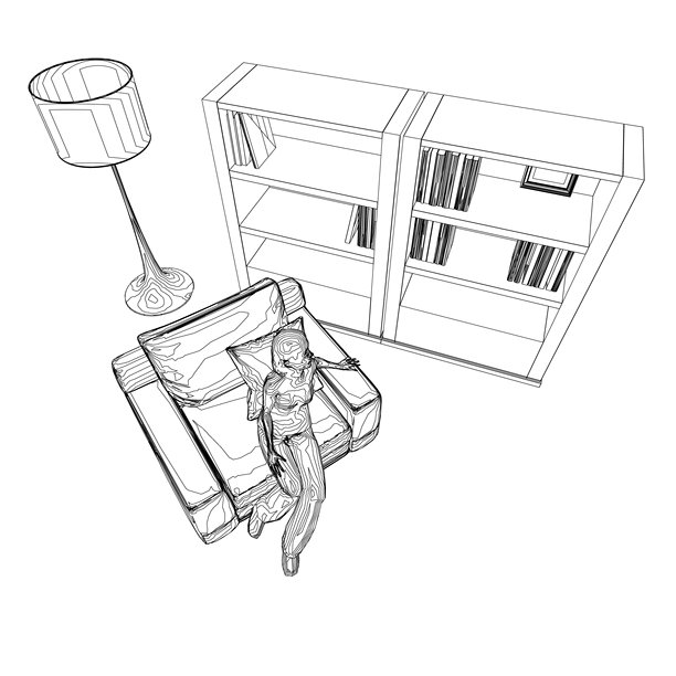 女人坐在扶手椅上的轮廓，房间里有灯和书柜，书柜里的书是用黑线在白色的背景上隔开的。矢量插图。图片下载