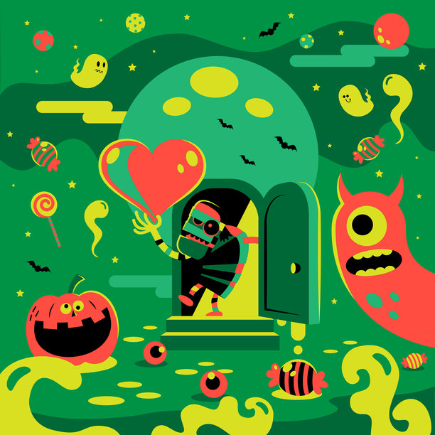 在一个浪漫的夜晚，僵尸木乃伊打开门，展示甜蜜的爱情。这是一个异想天开的万圣节时间，万圣节的背景有满月，蝙蝠，鬼魂，怪物和杰克灯图片下载
