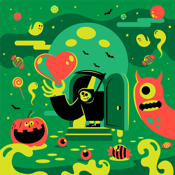 在一个浪漫的夜晚，死神打开了门，展示了甜蜜的爱情。这是一个异想天开的万圣节时间，万圣节的背景有满月、蝙蝠、幽灵、怪物和杰克灯图片下载