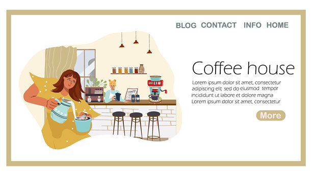 登陆页咖啡屋，茶杯，马克杯。穿裙子的女孩往咖啡里倒牛奶，加奶精，女孩的性格，可爱，咖啡馆里，吧台。手绘矢量插图。图片下载