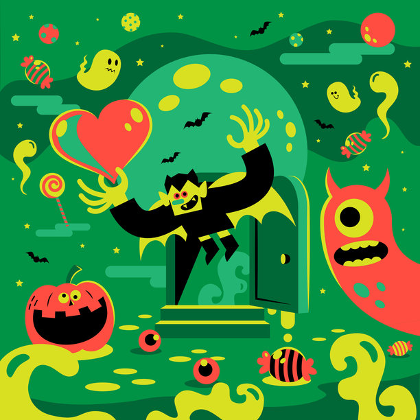 在一个浪漫的夜晚，吸血鬼王子打开门，展示甜蜜的爱情。这是一个异想天开的万圣节时间，万圣节的背景有满月、蝙蝠、幽灵、怪物和杰克灯图片下载