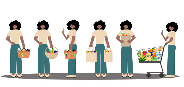 矢量集以黑人妇女拿着篮子和杂货袋推购物车。以黑人购物为主题的平面风格设计。用于零售，营销和生活方式的概念。图片下载